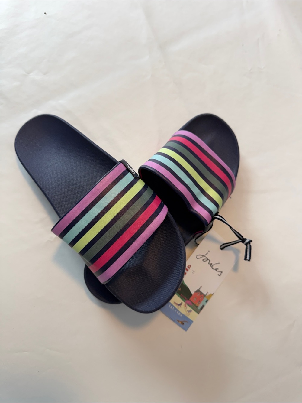 Joules Navy Slide Sandals with Pink, Mint, Lime & Black Stripes